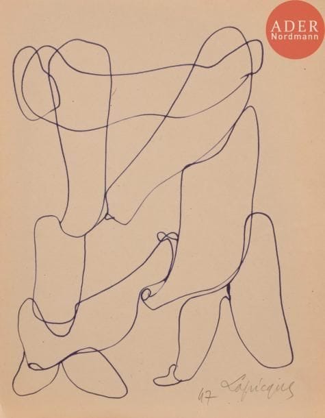 Charles LAPICQUE (1898-1988)
Le Couple, 1947
Encre bleue.
Signée et datée en bas à droite.
27 x 21 cm