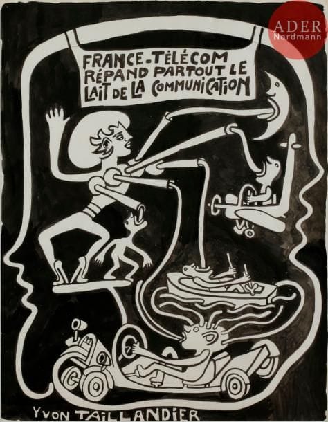 Yvon TAILLANDIER (né en 1926)
France-Télécom répand partout le lait de la communication
Technique mixte sur papier.
Signée en bas à gauche.
64 x 49.5 cm
