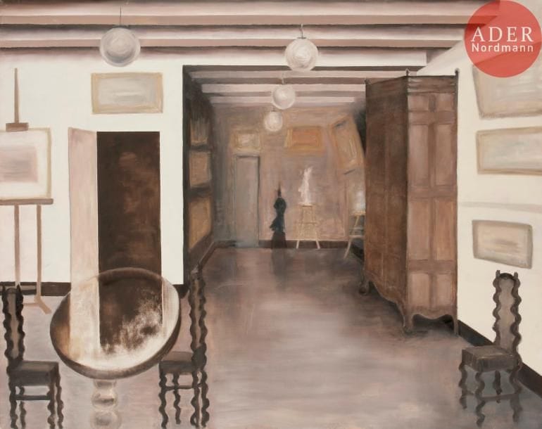 Suzanne CATTAN (1910-?)
L'Atelier I, 1977
Huile sur toile.
Signée, datée et titrée au dos.
130 x 162 cm