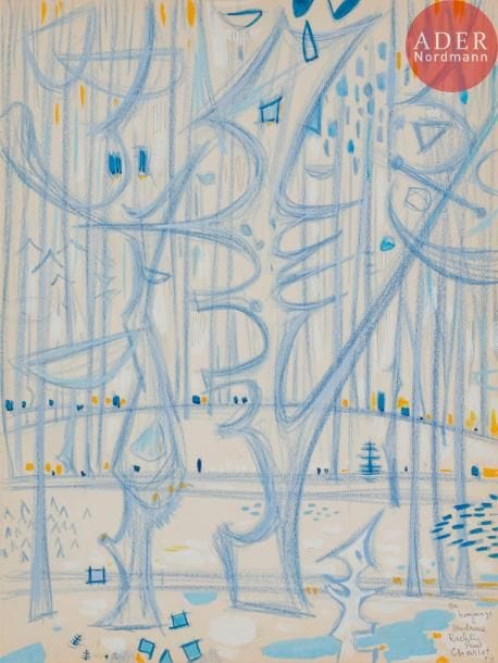 Paul CHARLOT (1906-1985)
Paysage aux arbres, 1959
Gouache et crayon bleu.
Signée, datée et dédicacée en bas à droite.
32 x 24 cm
