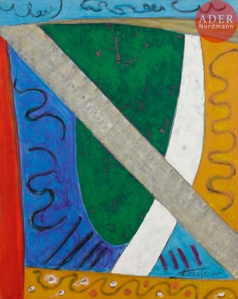 Hermine CHASTANET (1919-2009)
Monde vibratoire, 1986
Huile sur toile.
Signée en bas à droite.
Signée, datée et titrée au dos.
92 x 73 cm