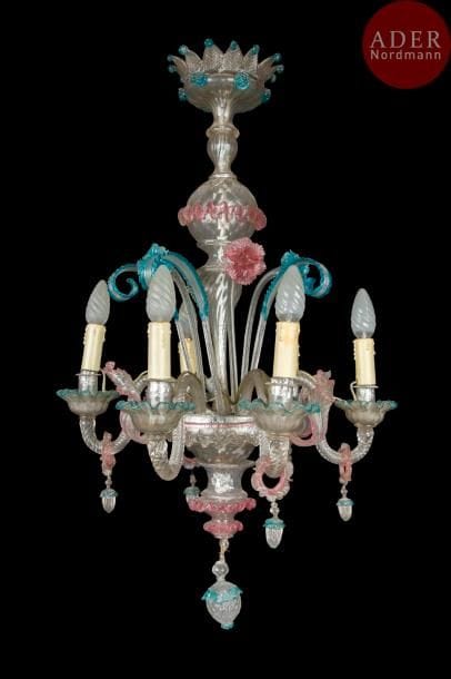 Lustre en verre de Venise teinté bleu et rouge, à six bras de lumière mouvementés, à décor de feuillages et fleurs.
Style du XVIIIe siècle (manques)
H : 80 cm, L : 50 cm