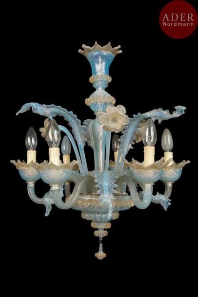 Lustre en verre de Venise opalescent, à six bras de lumière mouvementés, à décor de feuillages et fleurs.
Style du XVIIIe siècle (manques)
H : 90 cm, L : 53 cm