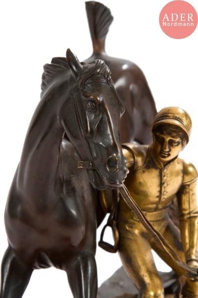 Jean-François Théodore GECHTER (1796-1844)
Jockey et son cheval.
Bronze à double patine.
Signé Gechter sur la tranche de la terrasse.
H. : 21 cm ; L. : 25 cm ; P. : 10 cm