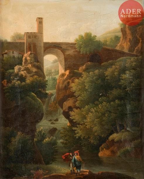 Alexandre -Hyacinthe DUNOUY (Paris 1757- 1841) 
Artistes au pied d’un pont dans la campagne romaine
Sur sa toile d’origine 
32,5 x 26 cm
Restaurations anciennes 
Dans son cadre d’origine 