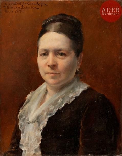Félix PESCADOR-SALDANA (1836-?)
Portrait en buste de Madame Luisa Raffin, 1885
Huile sur panneau.
Signée, datée et dédicacée en haut à gauche.
35 x 27 cm