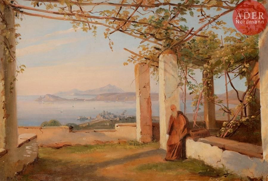 Attribué à Antoine Edmond JOINVILLE 
(1801 - 1849)
Vue de Vico près de Naples avec un moine 
Toile
26 x 38 cm
Restaurations anciennes 
Sans cadre