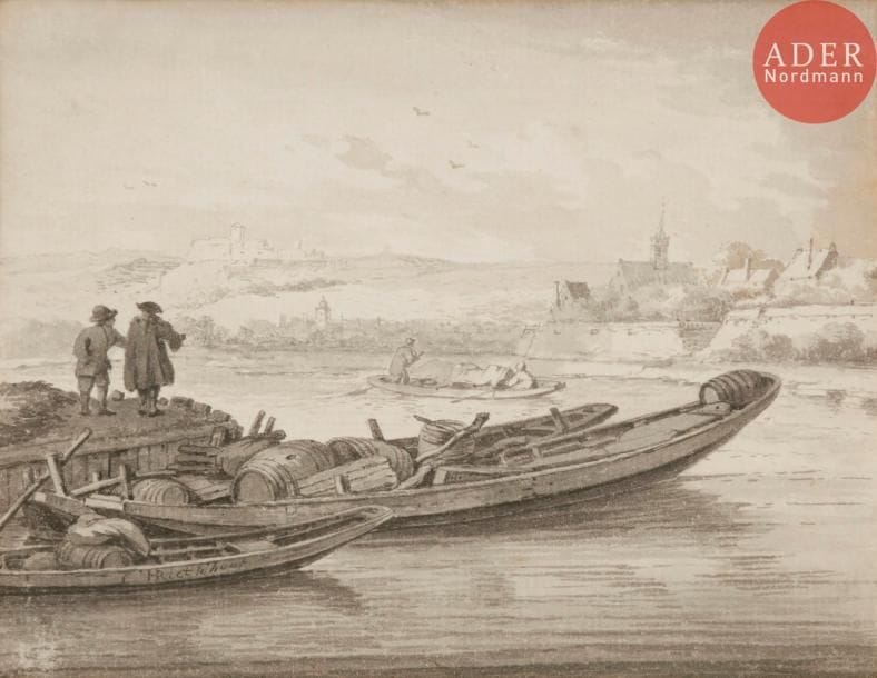 École HOLLANDAISE du XVIIIe siècle
Paysages fluviaux animés
Plume et encre brune, lavis noir gris.
L’un porte une signature en bas à gauche.
12,5 x 14,5 cm (chaque)