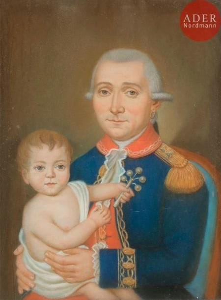 École de la fin du XVIIIe siècle
Portrait d’homme portant un enfant tenant un hochet
Pastel.
63 x 49 cm