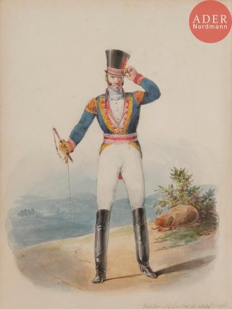 Attribué à Horace VERNET (1789-1863)
Une paire : un laquais et un postillon en costume de gala
Aquarelle sur traits de crayon noir.
Titrées en bas à droite.
Petites taches sur l’une d’elle. 
22 ,8 x 17,5 cm chacune
