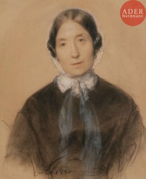 Octave Nicolas François TASSAERT 
(1800-1874)
Portrait de femme au bonnet, 1850
Pastel, fusain et estompe.
Monogrammé et daté en bas vers la gauche.
20 x 17 cm