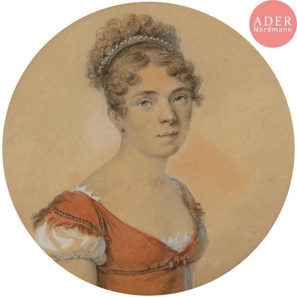École FRANCAISE XIXe siècle
Portrait de femme
Aquarelle, crayon noir et rehauts de gouache blanche.
(Légèrement insolé).
Tondo : 11 cm