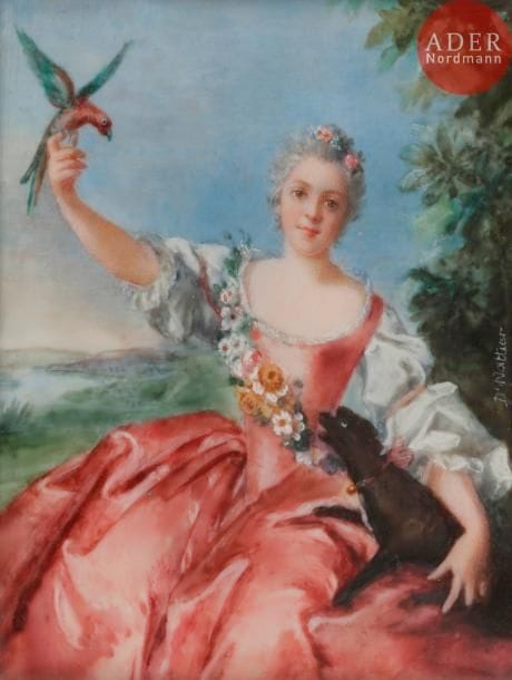 La Marquise d’Antin au perroquet et au chien, d’après Jean-Marc Nattier
Miniature sur ivoire, première moitié du XXe siècle, inscrite à droite : D’ Nattier, d’après le tableau conservé au musée Jacquemart-André à Paris, rect. 10 x 8,5 cm, cadre en bois doré 11,7 x 10,1 cm