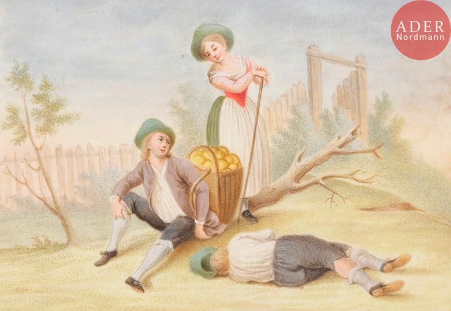 Peter (Pierre) MAŸR 
(Fribourg en Brisgau, 1758 - Munich, 1836)
Ses œuvres sont représentées au Louvre, aux Landesgewerbe Museum, Stuttgart ; Maximilian Museum, Augsburg ; National Museum, Munich. Deux miniatures sur vélin dans un Album Amicorum de 1801. 
Album Amicorum relié en cuir fauve marqué au petit fer en doré sur la couverture « GERARD » et sur la tranche « Souvenir de mes amis », dans son étui en carton, rect. 10 x 17 cm ; environ 75 feuillets non paginés dont 8 manuscrits de divers amis en français ou en allemand localisés à Augsbourg et Strasbourg en 1801, orné de deux miniatures sur vélin (peau de veau), signées et datées 1801