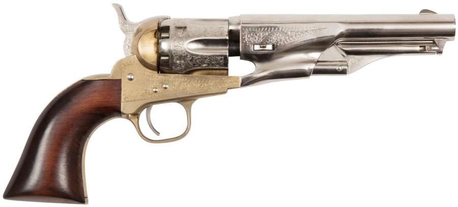 Revolver Colt Pocket Police, six coups, calibre 36. 
Finition argentée et gravée
B.E. Reproduction italienne pour le tir. 
N°D23310