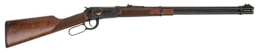 Carabine Winchester modèle 9410 Shotgun « NWTF », calibre 410. 
Canon de 59 cm (24’’). Finition bronzée, gravée et dorée. Crosse en noyer marbré. 
Longueur totale : 107 cm 
Catégorie C à déclarer. 
N°NWTF1643Y3
