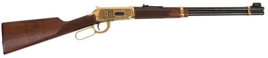 Carabine Winchester modèle 94 XTR « Michigan Lawman One of one thousand », calibre 30-30 Win. 
Canon de 49 cm (20’’). Finition dorée et gravée. Crosse en noyer. 
Longueur totale : 96 cm 
Catégorie C à déclarer. 
N°4761549