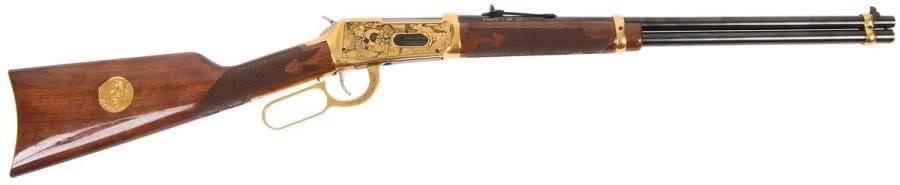 Carabine Winchester modèle 94AE XTR « Paiute 1 of 100 », calibre 30-30 Win. 
Canon avec marquage à l’or de 49 cm (20’’). Boîte de culasse dorée et gravée à décor d’indiens. Crosse en beau noyer verni avec médaille dorée. 
Longueur totale : 97 cm 
Catégorie C à déclarer. 
N° PAIUTE009. N°9 sur un tirage de 100. 