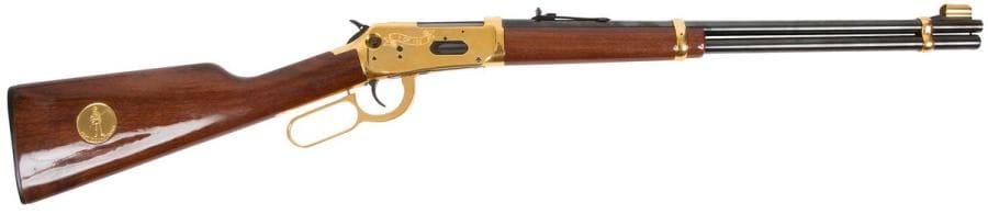 Carabine Winchester modèle 94AE « Fort Ticonderoga 1 of 100 », calibre 32 Win SPL.
Canon de 49 cm (20’’). Finition dorée et gravée. Crosse en noyer avec médaille dorée. 
Longueur totale : 96 cm 
Catégorie C à déclarer. 
Exemplaire n°61 sur 100. 
N°6020674 