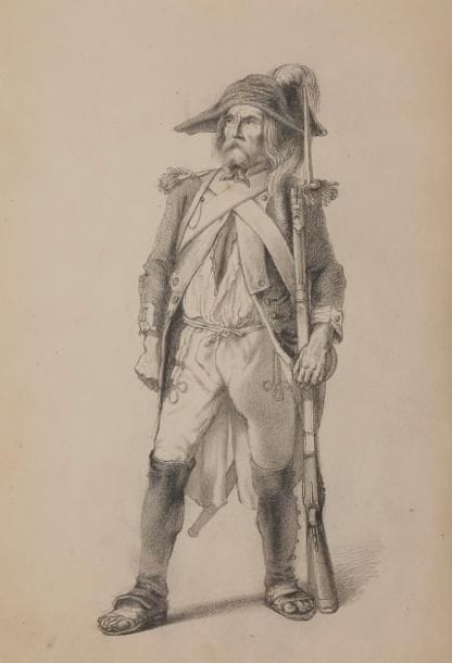 Achille Louis SIROUY (1834-1904) 
Soldat de l’An II
Dessin au crayon noir avec légende à la plume. 
21 x 14,5 cm 