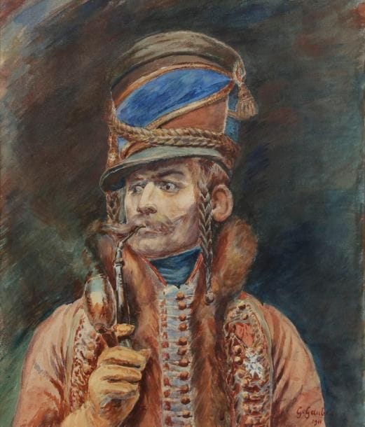 G. GAUBIE, d’après édouard DETAILLE 
(XXe siècle) 
Hussard fumant sa pipe
Aquarelle.
Signée et datée 1911. 
39 x 33 cm 
Sous verre. Cadre doré à décor de palmettes (petit manque). 
B.E. 