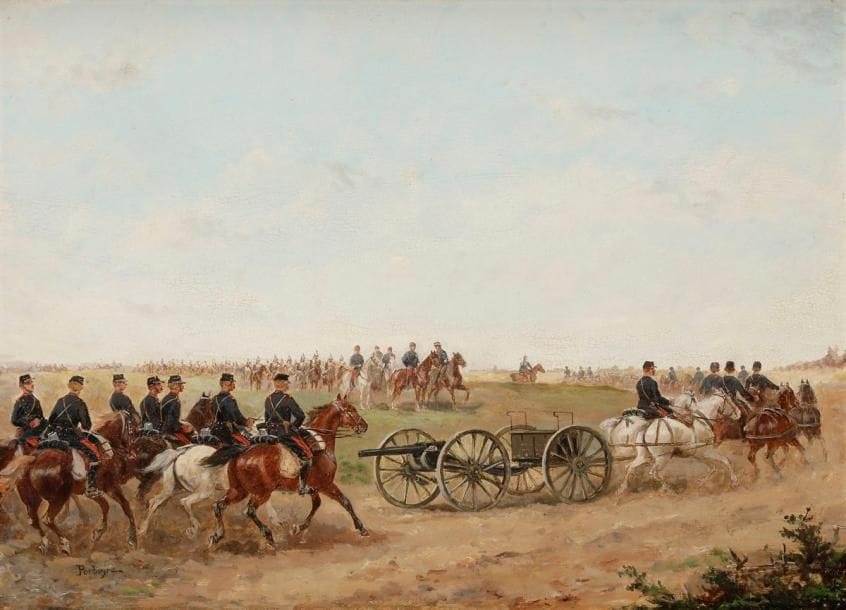 Paul PERBOYRE (1851-1929) 
L’Artillerie en grande manœuvre, vers 1880 
Huile sur panneau, signée en bas à gauche. 
24 x 32,5 cm 
Encadré.