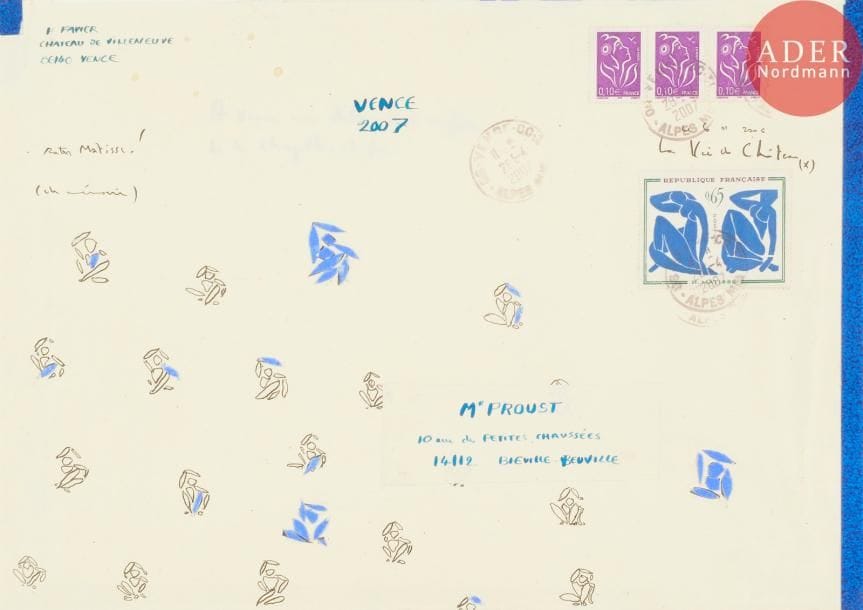 Philippe FAVIER (né en 1957)
Rater Matisse! (de mémoire), La vie de Château (x), 2007
Encre et collage sur enveloppe avec un timbre d'après Matisse
Signée, titrée, datée, située, annotée et adressée.
Joint: carton découpée imprimée d'après Matisse et carte autographe signée.
21 x 29.5 cm
- Bibliographie : 
Psp, LTR, p. 80
