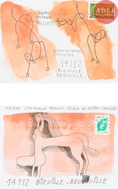 Michel FRESNEL (né en 1945)
Compositions
3 aquarelles et encre sur enveloppes double faces.
Adressées.
Joint: carte illustrée autographe signée.
Formats divers. (2p)
- Bibliographie : 
Psp, le cheval, p. 150