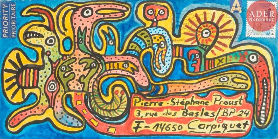 Jurt Josef HAAS (né en 1935)
Animal fantastique
Aquarelle et feutre sur enveloppe.
Adressée.
11 x 22 cm