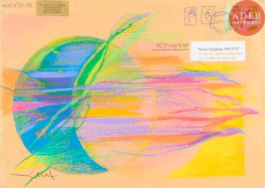 Jean Théobald JACUS (né en 1924)
Planète des songes
Pastel gras sur enveloppe avec oblitération dessinée.
Signée, expédiée.
Joint: 2 cartes autographes signées et enveloppe avec timbre dessinée.
23 x 32.5 cm
