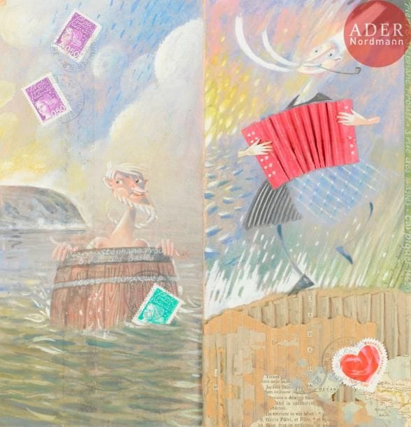 Bernard JEUNET (né en 1956)
L'homme au tonneau et l'homme à l'accordéon
Technique mixte et collage sur enveloppe double face.
Adressée.
Joint: 3 autres enveloppes dessinées et adressées, 2 lettres autographes signées. (3p).
25 x 24 cm