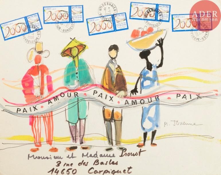 Michel JOUENNE (né en 1933)
Paix et amour
Aquarelle et gouache sur enveloppe oblitérée du 01/01/2000.
Signée, titrée et adressée.
Joint: carte autographe.
26 x 33 cm
- Bibliographie : 
Psp1, p. 121