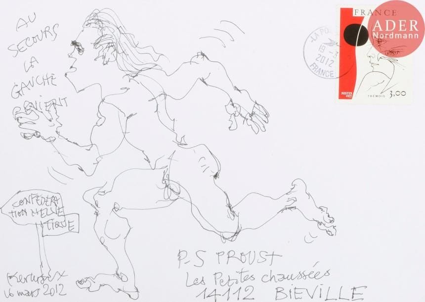 Jean-Marie KERLEROUX (né en 1936)
Au secours la gauche revient, 2012
Encre noir sur enveloppe.
Signée, datée, titrée et adressée.
16.5 x 23 cm
