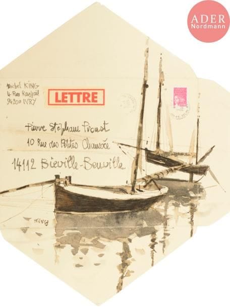 Michel KING (né en 1930)
La colombe de la paix et bateaux au mouillage.
2 encres de chine sur enveloppes.
Adressées, signée pour l'une et expédiées.
Joint: 2 lettres autographes signées, l'une dessinée (26 x 39 cm)
17 x 23 cm