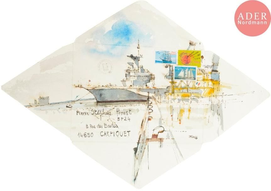 Michel KING (né en 1930)
La Jeanne d'Arc à quai, l'Armada 1999 et mouette
3 aquarelles et encre sur enveloppes
Signées, adressées. (3).

33 x 46 cm