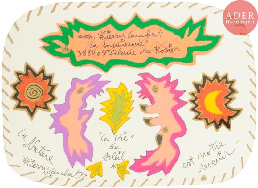 Thierry LAMBERT (né en 1960)
Animal fantastique
Encre et aquarelle sur enveloppe.
Adressée.
Joint: 3 cartes dessinées, découpées, autographes signées
16.5 x 23 cm