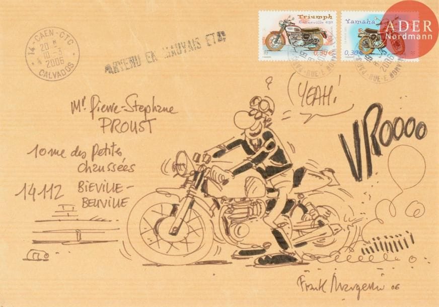 Franck MARGERIN (né en 1952)
Lucien sur sa moto, 2006
Feutre noir sur enveloppe avec 2 timbres d'après l'artiste.
Signée, datée et adressée.
16.5 x 23 cm