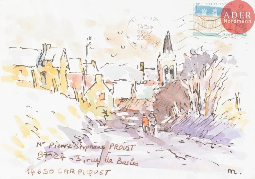 Michel MARGUERAY (né en 1938)
Route de village
Aquarelle et encre sur enveloppe.
Monogrammée, adressée.
Joint: carte autographe signée.
12 x 17 cm