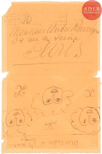 Henri MATISSE (1869-1954)
3 visages de femme, 1947
Encre sur enveloppe.
Adressée à André Rouveyre, 34 rue de Seine à Paris.
Mention manuscrite de l'expéditeur.
Collée en plein et petits manques.

22 x 14.5 cm
- Provenance : 
Galerie Moni Calatchy, Paris.
Vente Artcurial du 24 maris 2011.

- Bibliographie : 
Matisse-Rouveyre, correspondance, Editions Flammarion, Paris, 2001, n° 844, p. 468