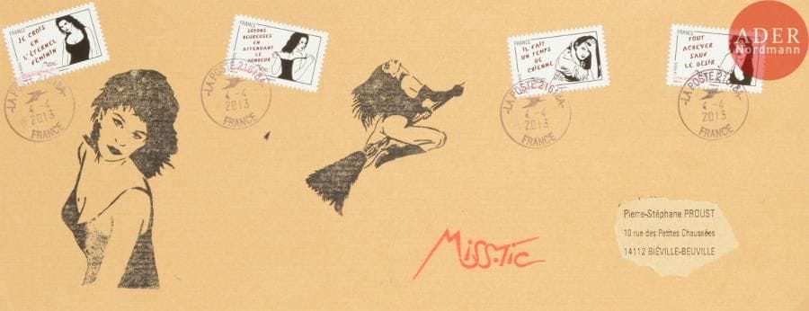 MISS.TIC (née en 1956)
Jeune femme et sorcière
Pochoirs sur enveloppe avec 4 timbres d'après l'artiste.
Pochoir de la signature et adressée en collage.
12.5 x 32.5 cm