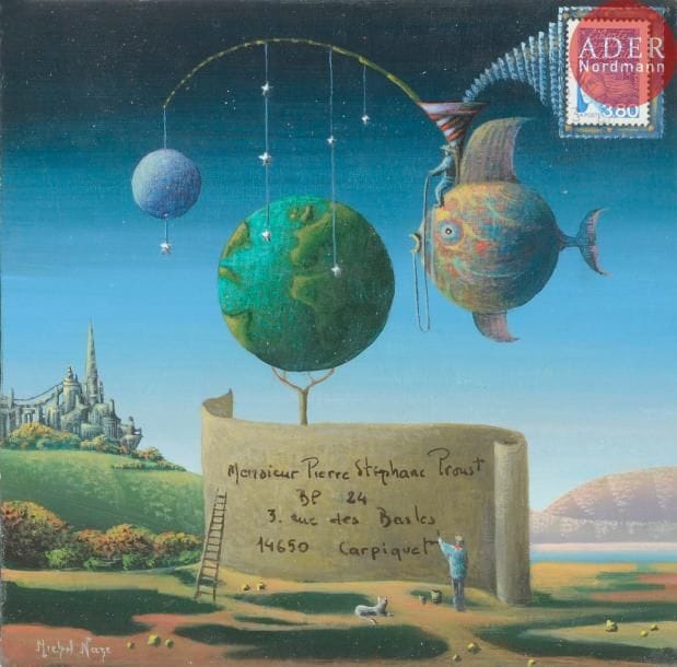 Michel NAZE (né en 1948)
Paysage fantastique.
Gouache sur enveloppe.
Signée et adressée.
Joint: carte autographe signée.
17 x 17 cm
- Bibliographie : 
Psp1, p. 110