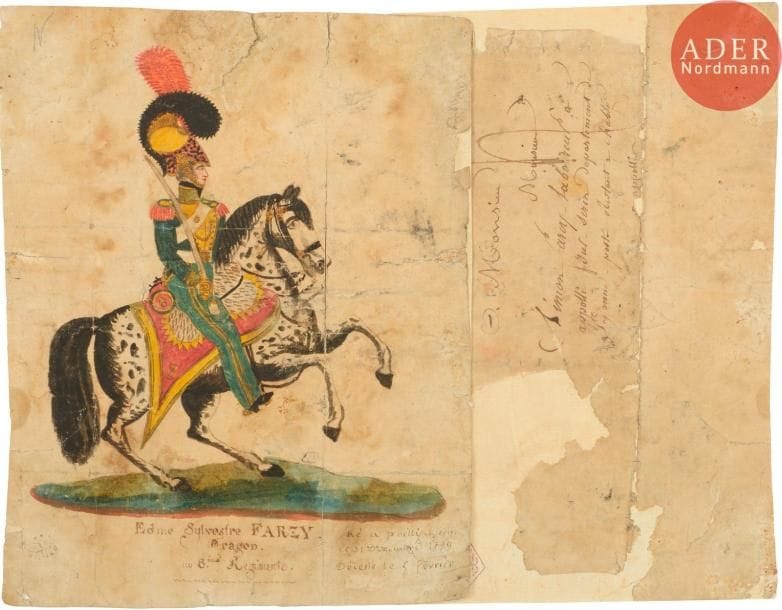 ECOLE FRANCAISE DU DEBUT DU XIXe SIECLE
Edme Sylvestre farzy, dragon du 8e régiment.
Aquarelle et encre sur lettre.
Accidents, restaurations.
Joint: lettre à en tête  illustrée d'une gravure en couleurs représentant un soldat de la garnison de Metz, 1819 (2).
22 x 28 cm