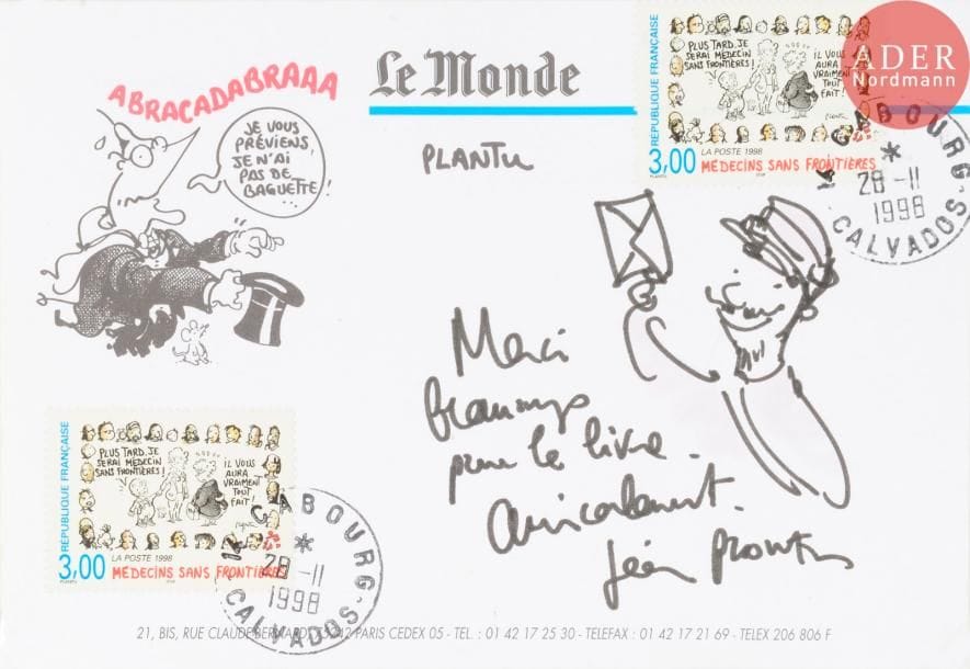Jean Plantureux dit PLANTU (né en 1952)
le facteur
Feutre noir sur carte imprimée du Monde avec deux timbres d'après l'artiste.
Signée.
Joint: 2 cartes imprimées  rehaussées de dessins de l'artiste au feutre noir et rouge.
11 x 16 cm