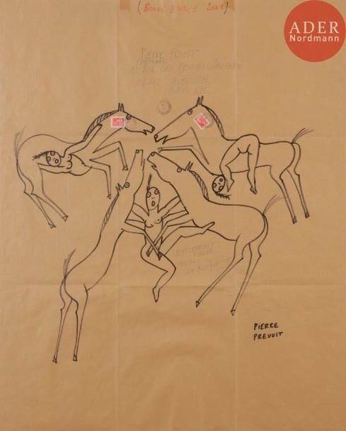 Pierre PREVOST (né en 1942)
Chevaux et femmes
Feutre sur papier kraft formant enveloppe.
Signée, adressée, expédiée. Cadre
79.5 x 65 cm
- Bibliographie : 
Psp, le cheval, p. 132.