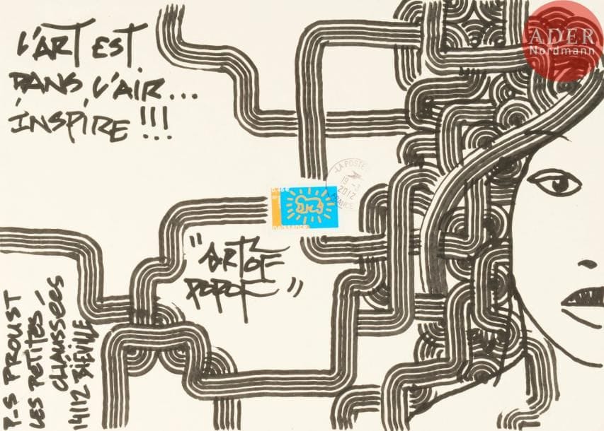 ARTOF POPOF (né en 1975)
L'art est dans l'air...Inspire!!!
Feutre sur enveloppe.
Signée, titrée adressée.
23 x 32.5 cm