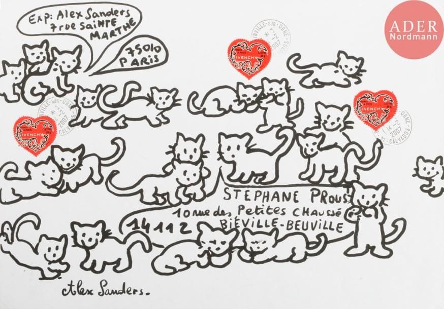 Alex SANDERS (né en 1964)
farandole des chats.
Encre sur enveloppe.
Signée et adressée.
Joint: 9 reproductions de dessins.
23 x 32.5 cm
