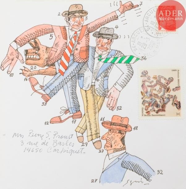 Antonio SEGUI (né en 1934)
Personnages et chien(s) reconstitués
Aquarelle et encre sur enveloppe.
Signée et adressée.
Joint: 4 timbres d'après l'artiste non oblitérés et une carte de compliments.
16.5 x 16.5 cm
- Bibliographie : 
Psp2, p. 105