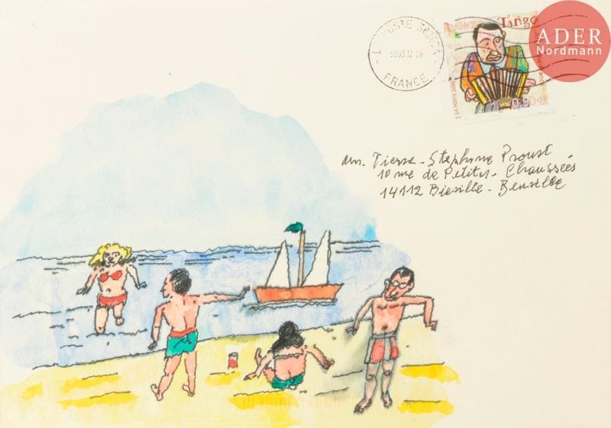 Antonio SEGUI (né en 1934)
A la mer
Aquarelle et encre sur enveloppe avec un timbre de l'artiste oblitéré.
Adressée.
16 x 23 cm