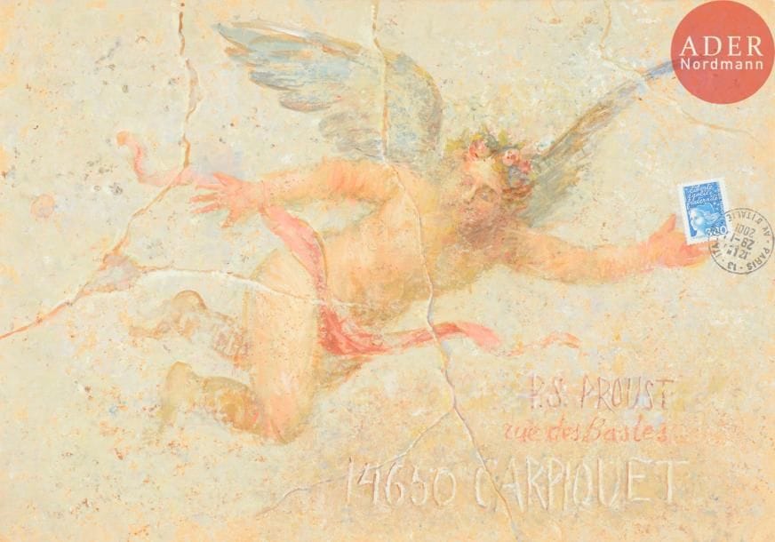 Zofia SZALOWSKA (XXe siècle)
L'ange en trompe l'œil
Gouache sur enveloppe.
Adressée.
Joint: lettre autographe signée.
22.5 x 32 cm
- Bibliographie : 
Psp2, p. 153