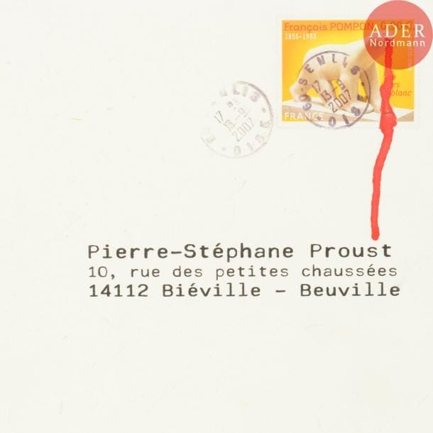 Nathalie TALEC (née en 1960)
Let it blood d'après watercolours series, 2007.
Encre rouge sur enveloppe avec timbre Ours Polaire d'après François Pompon
Adressée.
Joint : carte autographe signée.
16.5 x 16.5 cm
- Bibliographie : 
Psp, LTR, p. 140-141